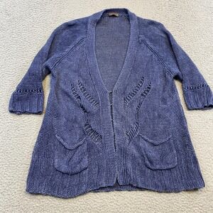 Wrap Cardigan Sweater Womens UK 18 EU 46 Blue 100% Linen Open Knit Pockets W406